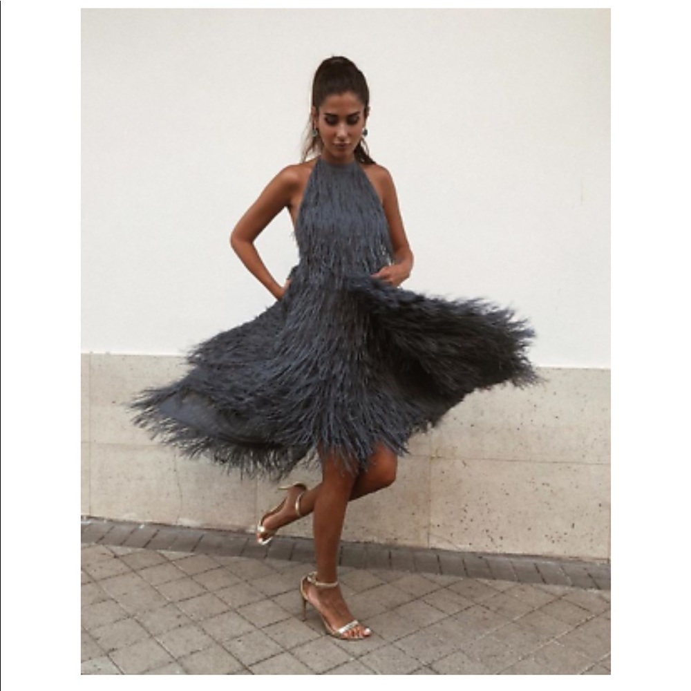 Zara charcoal fringe halter dress NWT